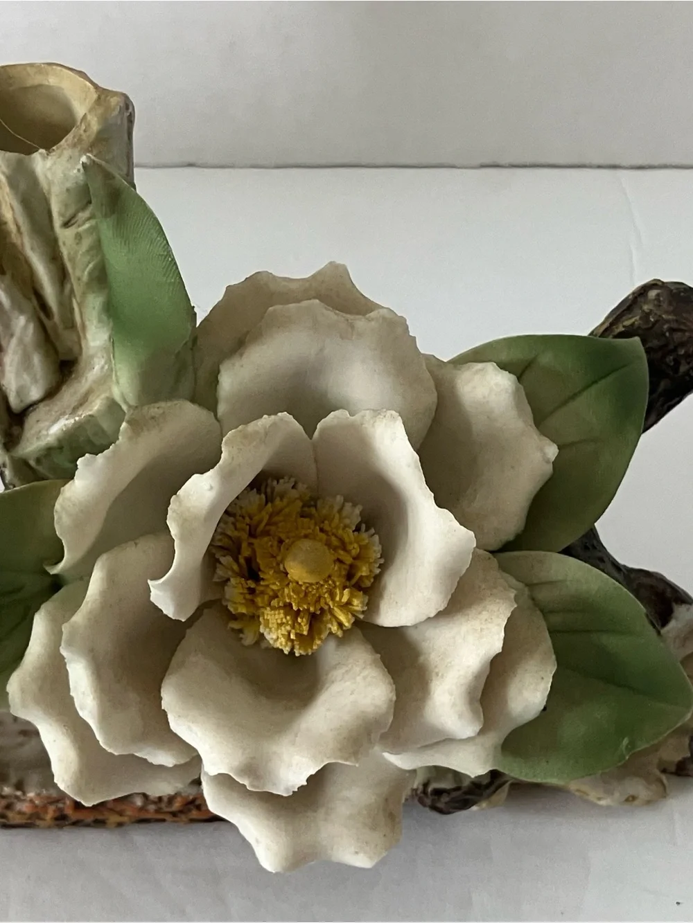 Porcelain White Flower Accent Vase with Green Leaves